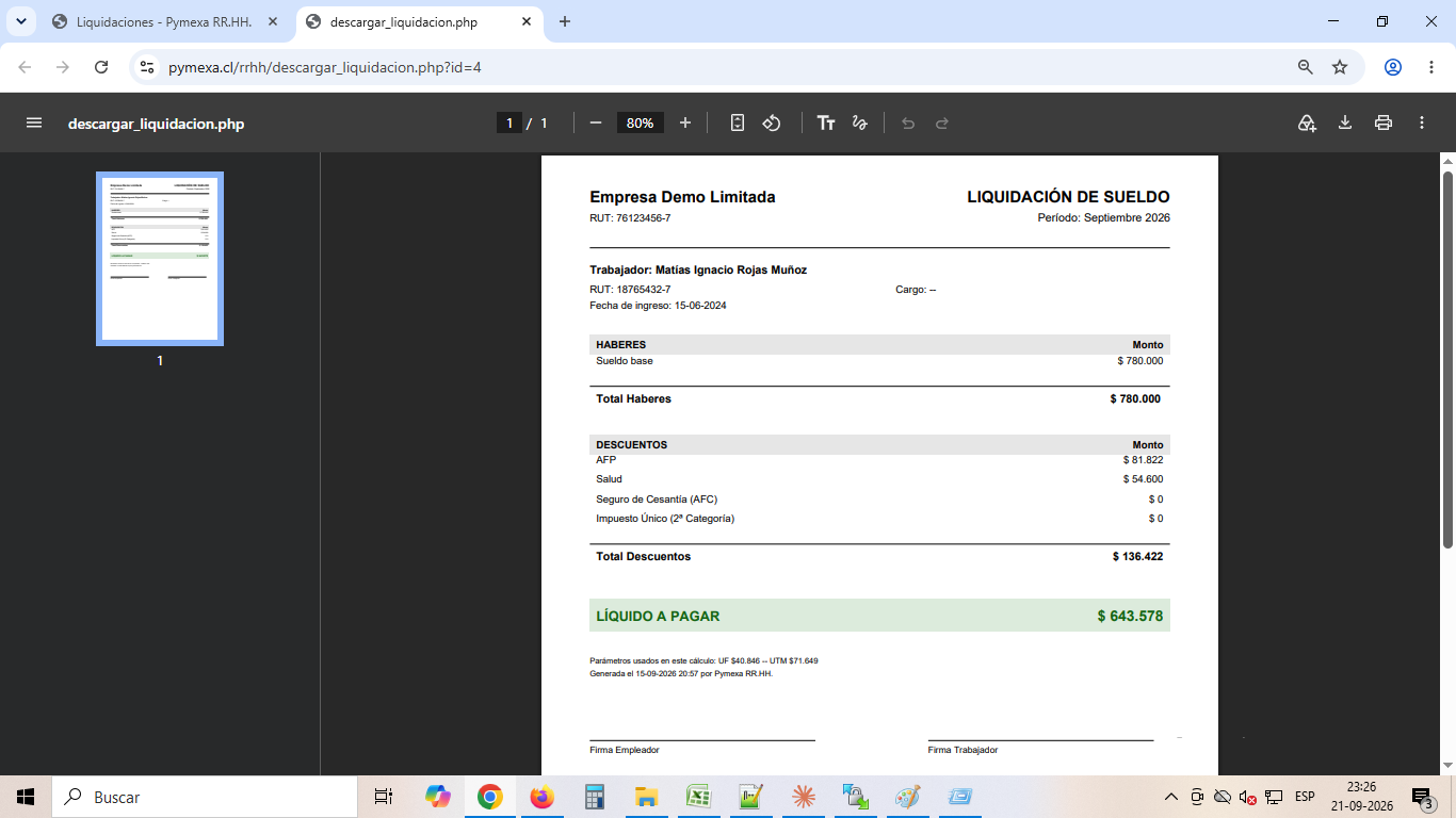 Liquidación de sueldo en PDF generada por PYMEXA